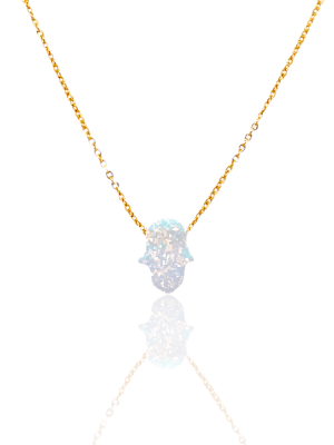 Cadena opalo blanco hamsa dorado